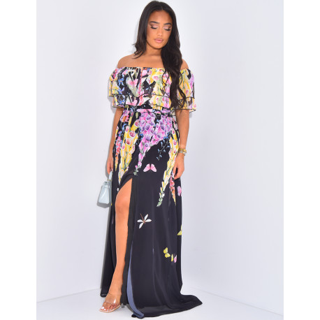 Robe longue à col bardot et motif floral