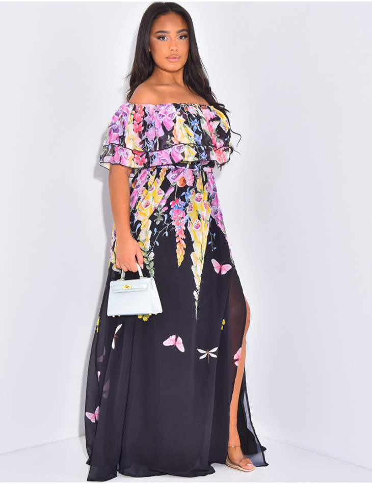 Robe longue à col bardot et motif floral