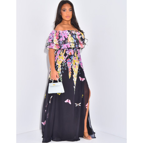 Robe longue à col bardot et motif floral