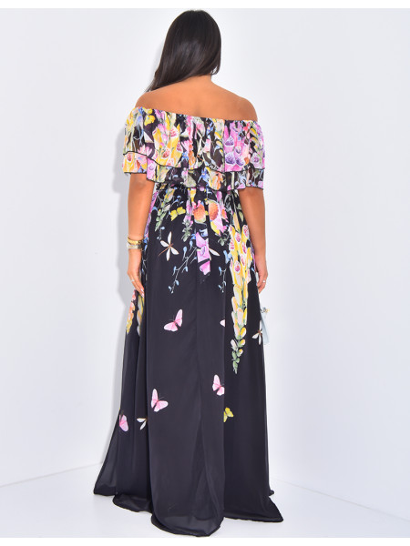 Robe longue à col bardot et motif floral