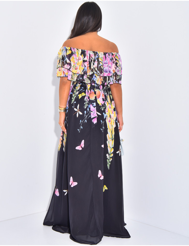 Robe longue à col bardot et motif floral