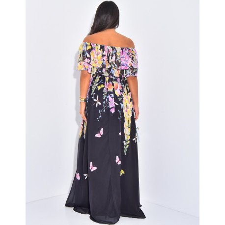 Robe longue à col bardot et motif floral