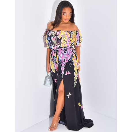 Robe longue à col bardot et motif floral