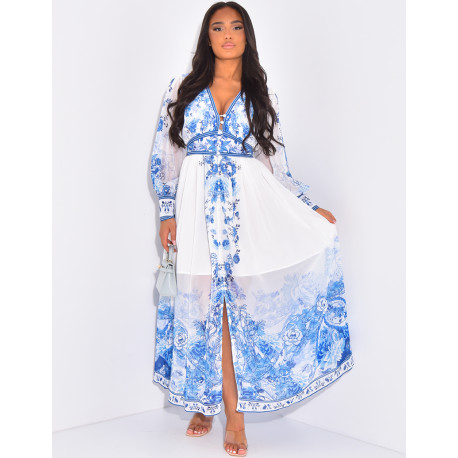 Floral maxi dress with front button fastening