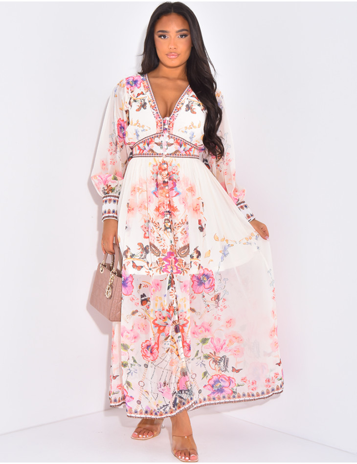 Floral maxi dress with front button fastening