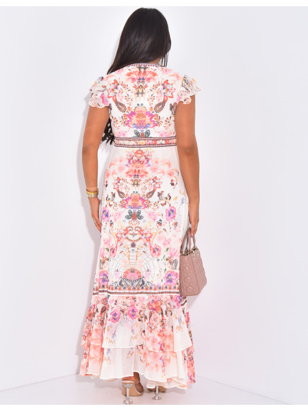 Langes Kleid mit Blumenmuster und Knopfloch an der Vorderseite