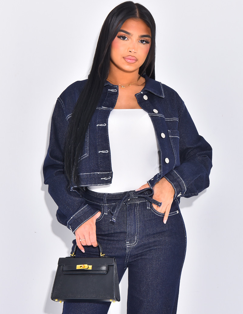 Veste courte en jeans bleu...