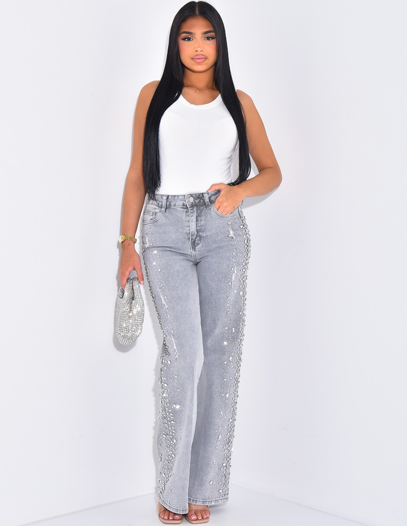 Jeans droit délavé à strass...
