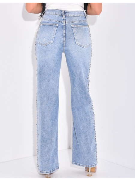 Verwaschene Straight Leg Jeans mit Strass & Kristallen