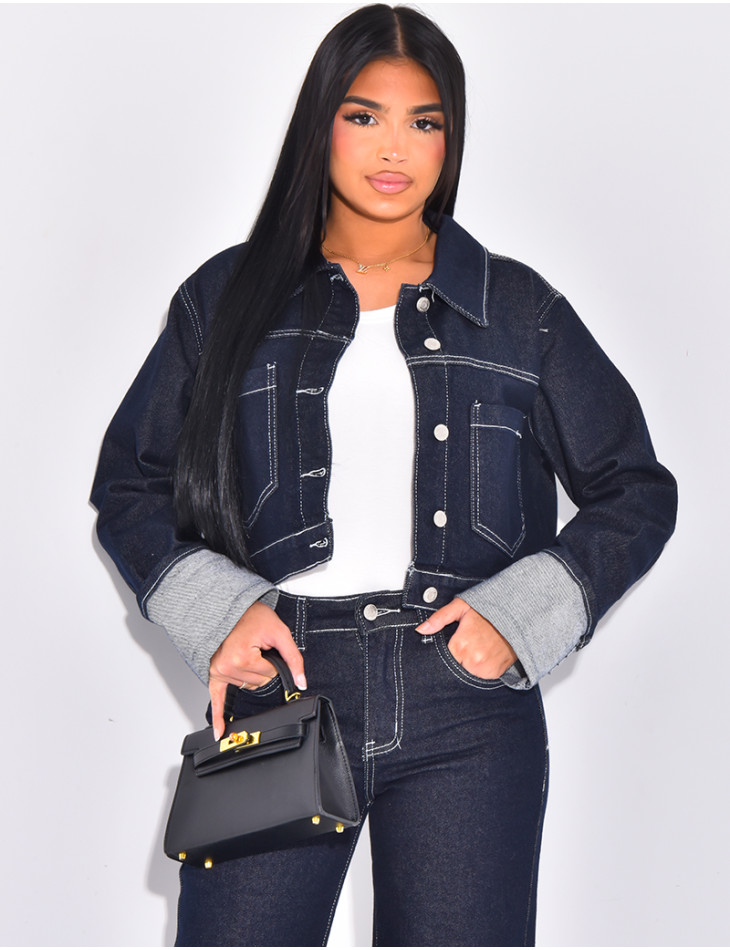 Veste courte en jeans à revers contrastants