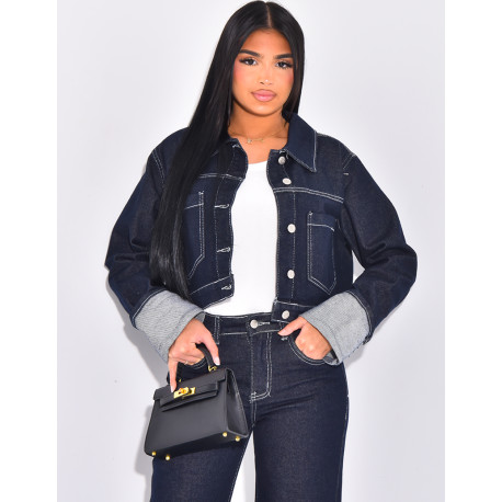 Veste courte en jeans à revers contrastants