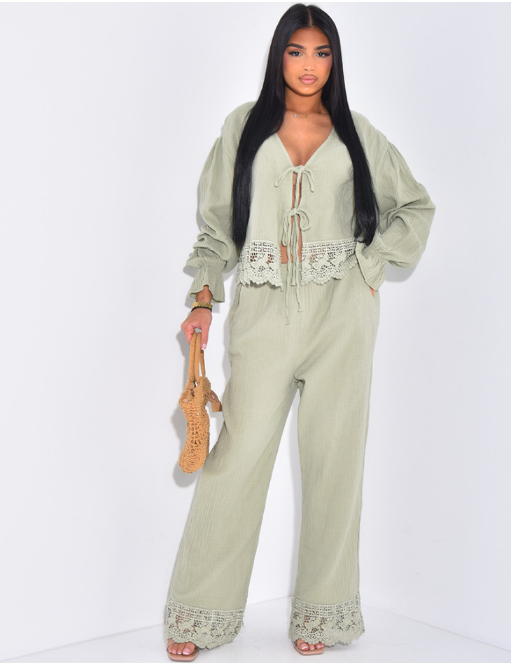 Trousers and waistcoat set in cotton gauze & lace trousers