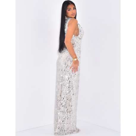 Robe longue en sequins brodés col v
