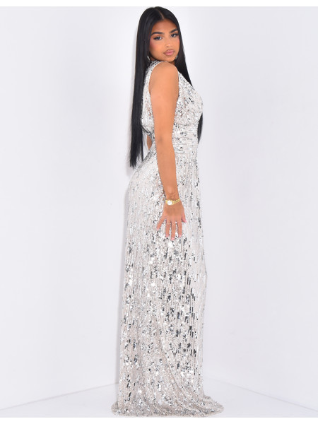 Robe longue en sequins brodés col v