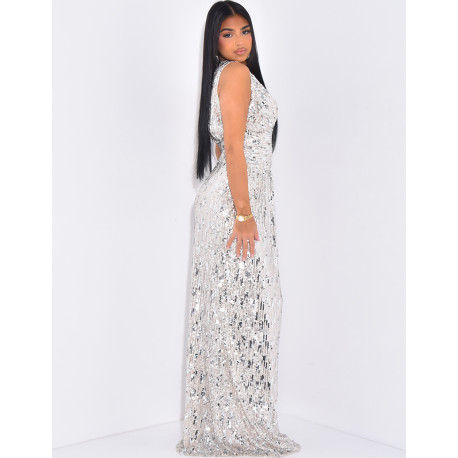 Robe longue en sequins brodés col v