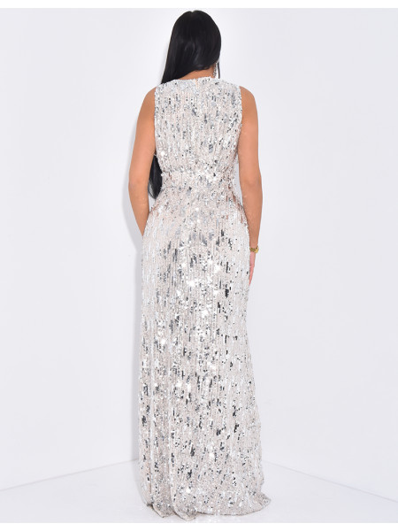 Robe longue en sequins brodés col v