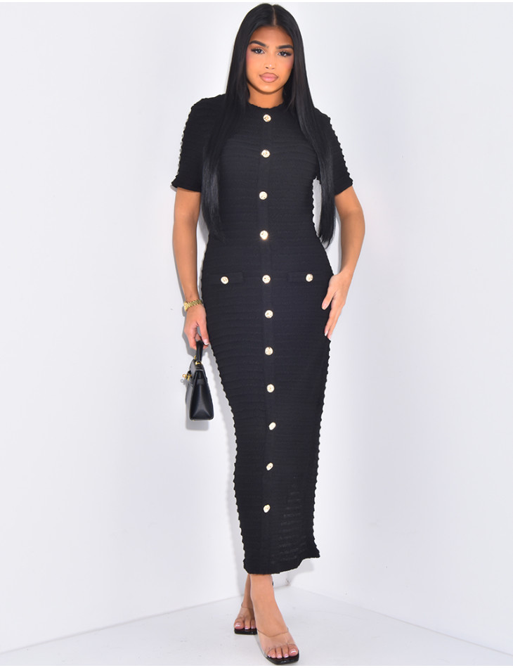 Textured maxi dress with gold buttons