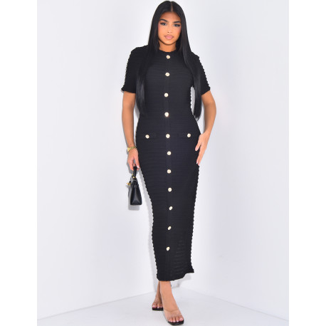 Textured maxi dress with gold buttons