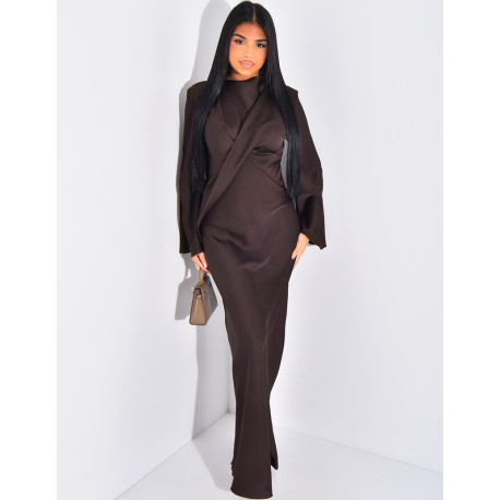 Robe longue en satin effet croisé sur l'avant