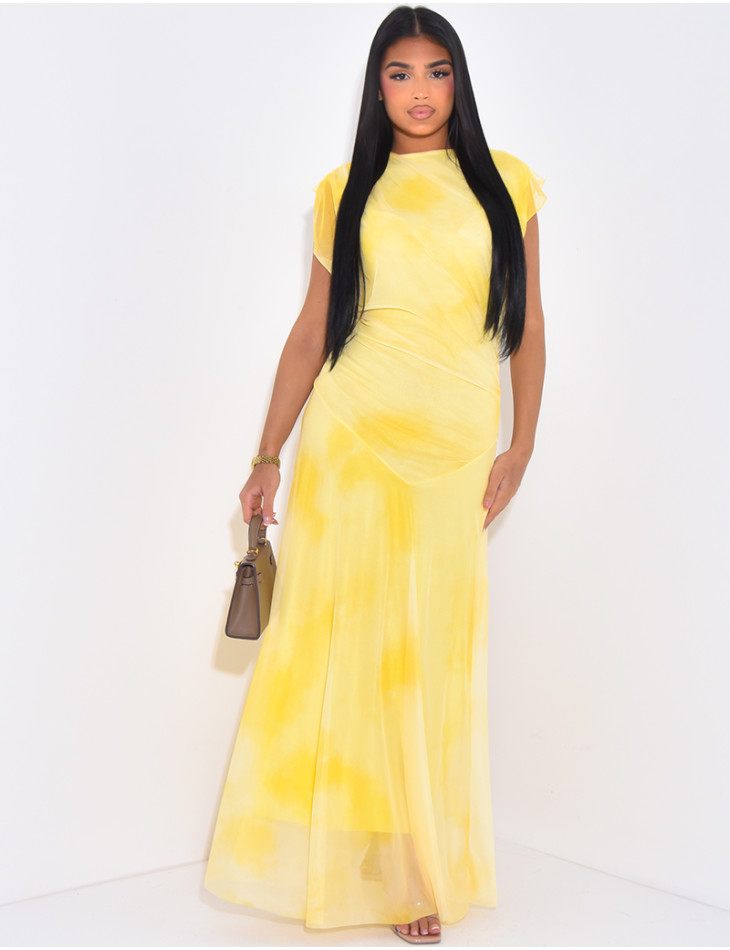 Langes Kleid aus drapiertem Mesh mit verwaschenem Effekt
