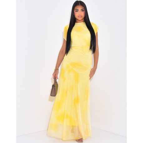 Langes Kleid aus drapiertem Mesh mit verwaschenem Effekt