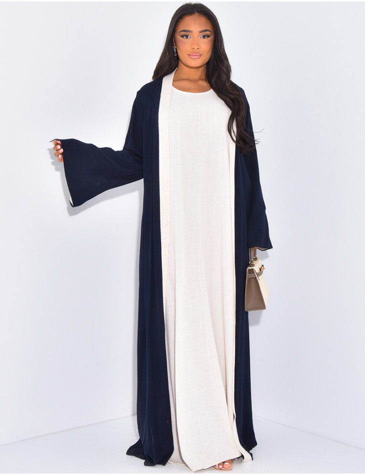 Ensemble robe sans manche et kimono ample en lin