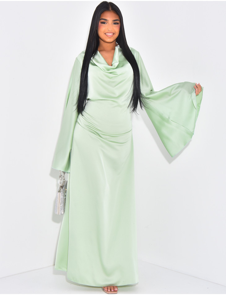 Satin long dress with draped collar to tie in the back