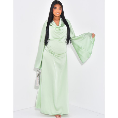 Satin long dress with draped collar to tie in the back