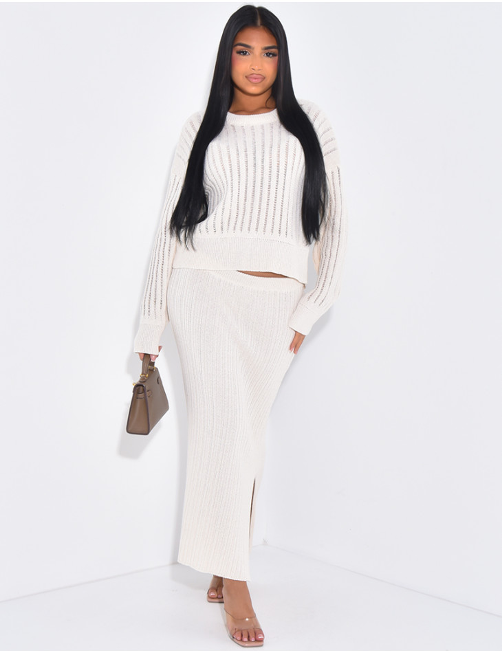 Ensemble jupe et pull ajouré en laine