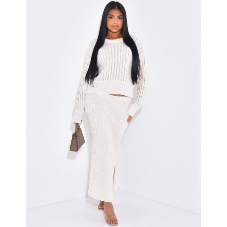 Ensemble jupe et pull ajouré en laine