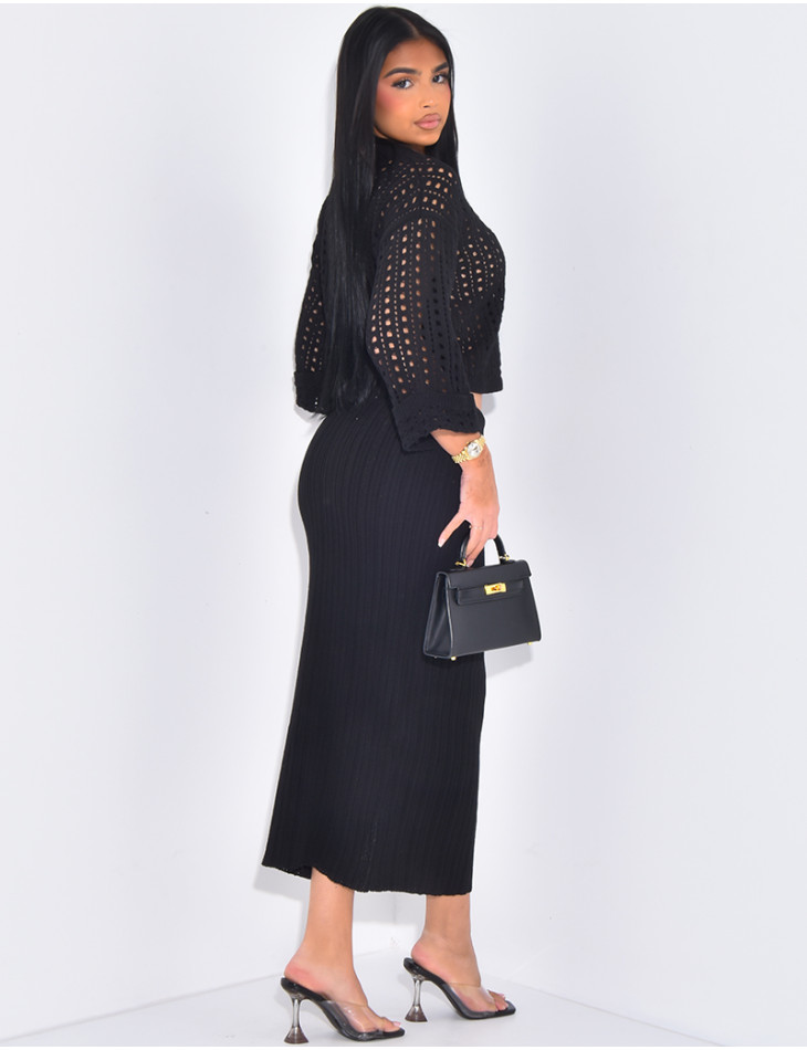 Openwork wool skirt and jumper set