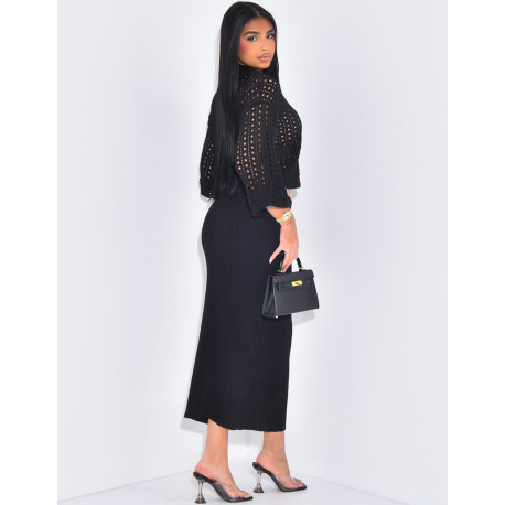 Openwork wool skirt and jumper set