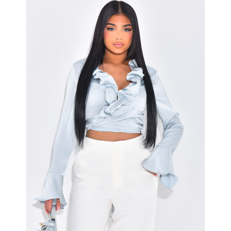 Wickelbluse aus Satin mit Volants am Kragen