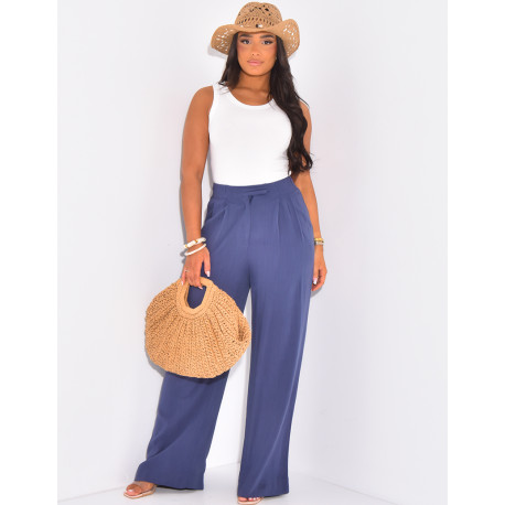 Pantalon coupe droite et taille haute en lin