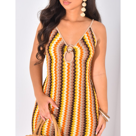 Multicoloured crochet dress with thin straps and shell jewellery