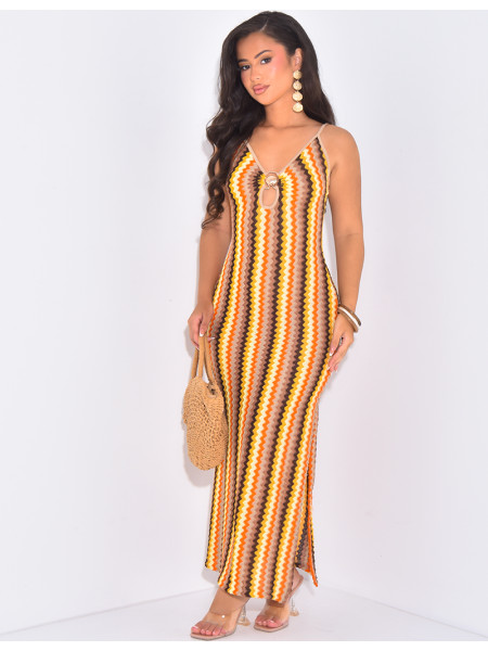 Multicoloured crochet dress with thin straps and shell jewellery