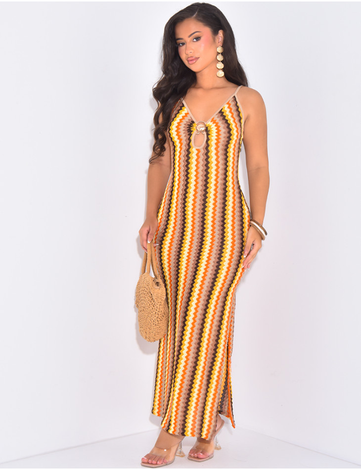 Multicoloured crochet dress with thin straps and shell jewellery