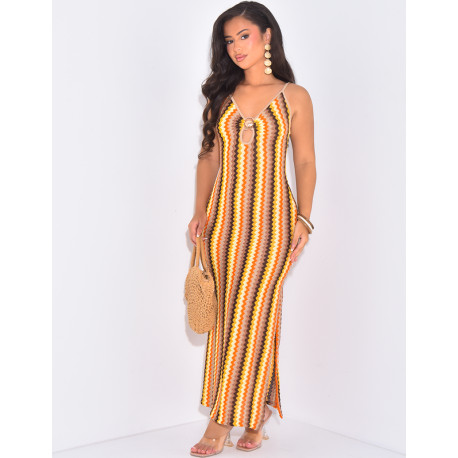 Multicoloured crochet dress with thin straps and shell jewellery