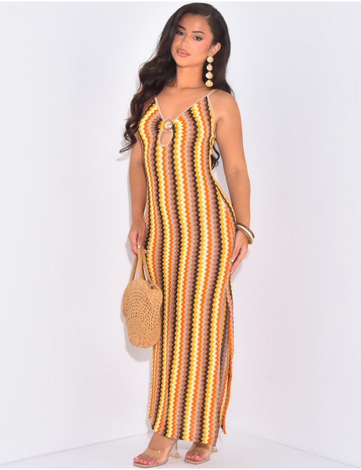 Multicoloured crochet dress with thin straps and shell jewellery