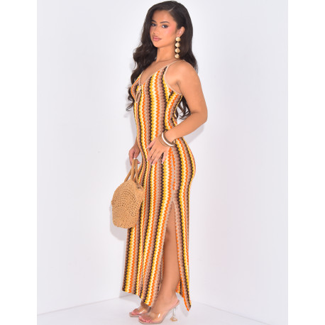 Multicoloured crochet dress with thin straps and shell jewellery