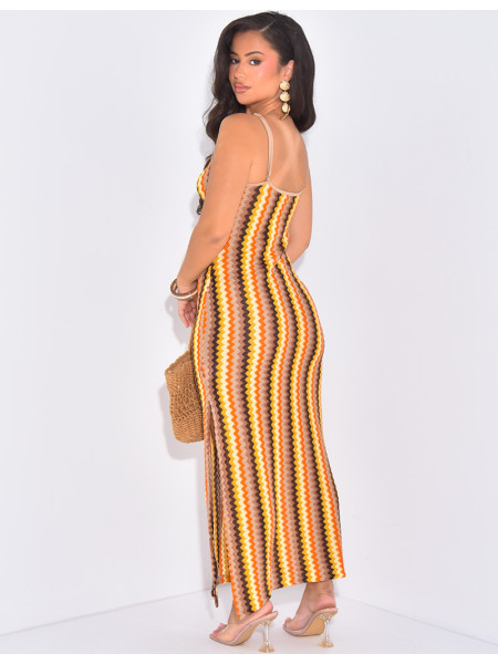 Multicoloured crochet dress with thin straps and shell jewellery