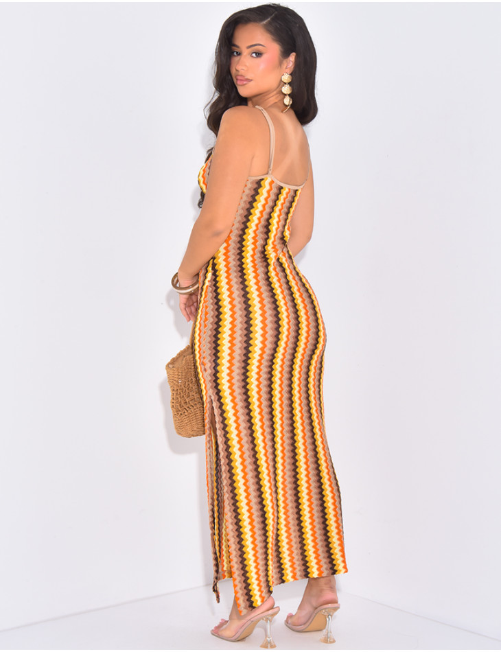 Multicoloured crochet dress with thin straps and shell jewellery