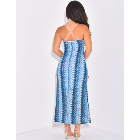 Multicoloured crochet dress to tie in the back