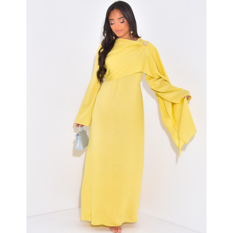 Linen dress with cape & gold brooch