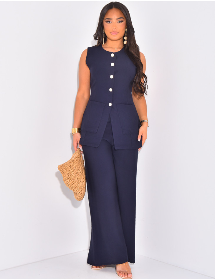 Ensemble en lin pantalon et blouse sans manche à boutons dorés