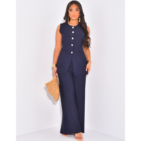 Ensemble en lin pantalon et blouse sans manche à boutons dorés