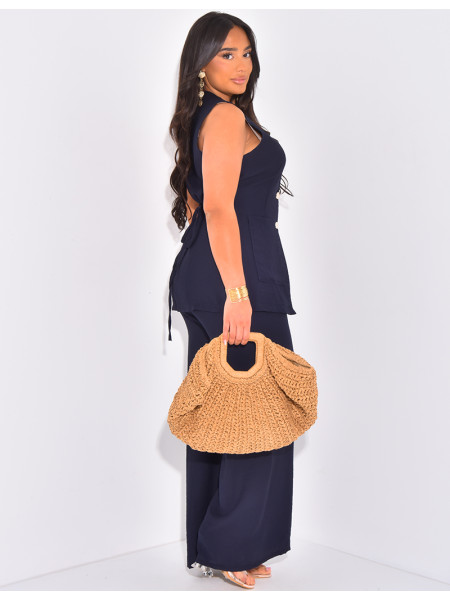 Ensemble en lin pantalon et blouse sans manche à boutons dorés