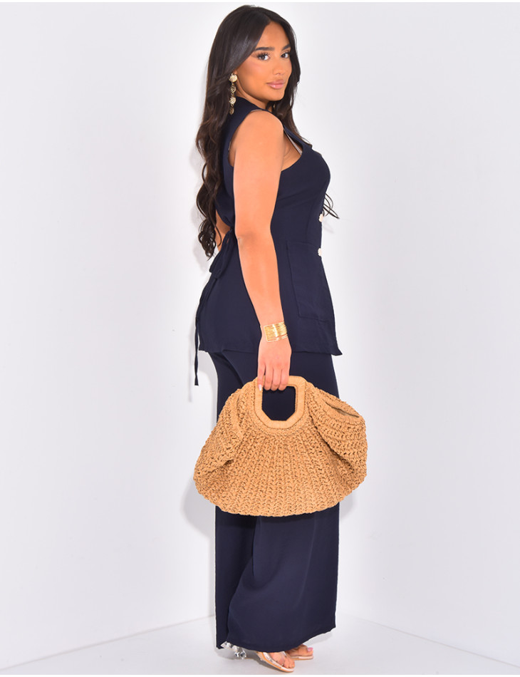 Ensemble en lin pantalon et blouse sans manche à boutons dorés