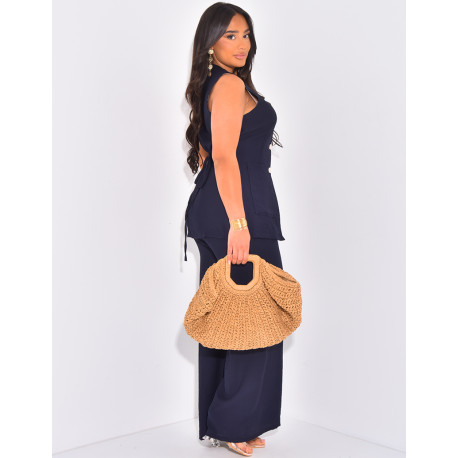 Ensemble en lin pantalon et blouse sans manche à boutons dorés