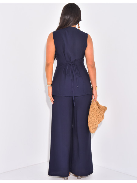 Ensemble en lin pantalon et blouse sans manche à boutons dorés